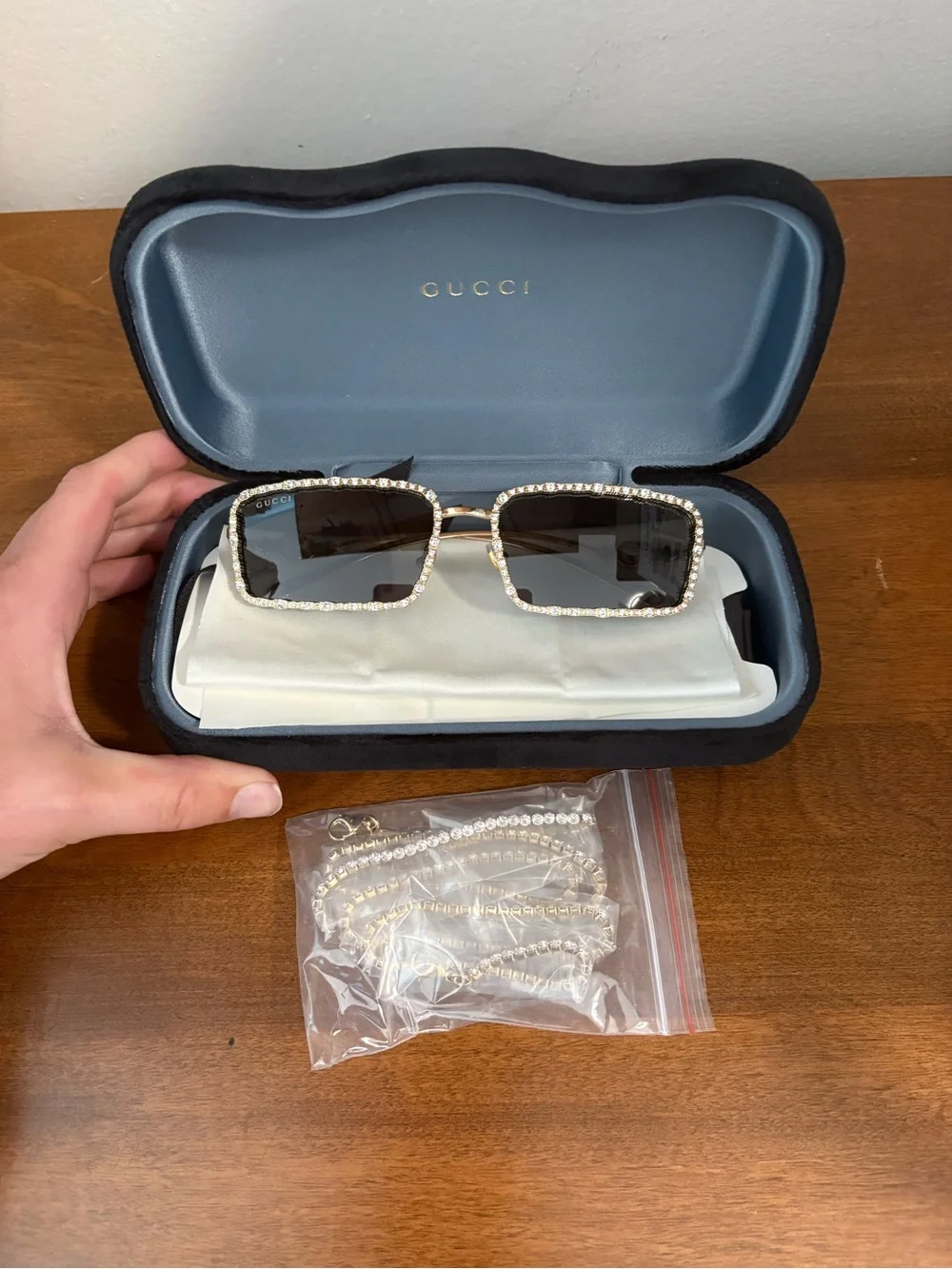 Gucci GG1568S Gold Rimless Embellished Square Sunglasses Gray Tinted UV400. 52mm